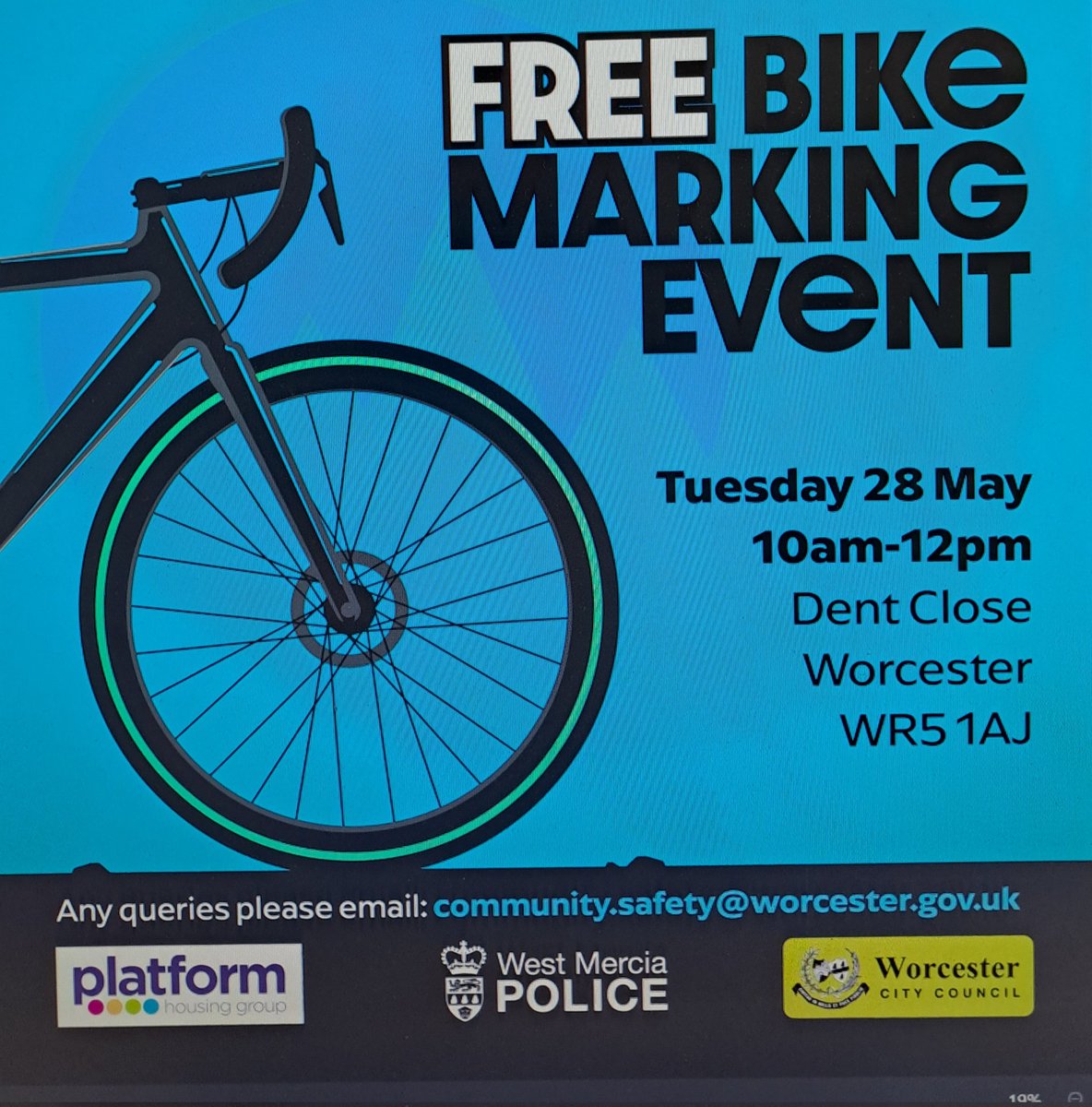 Bike Marking Event 28 May 
Dent Close WR5 1AJ  10am 12pm #policingpromise #bike