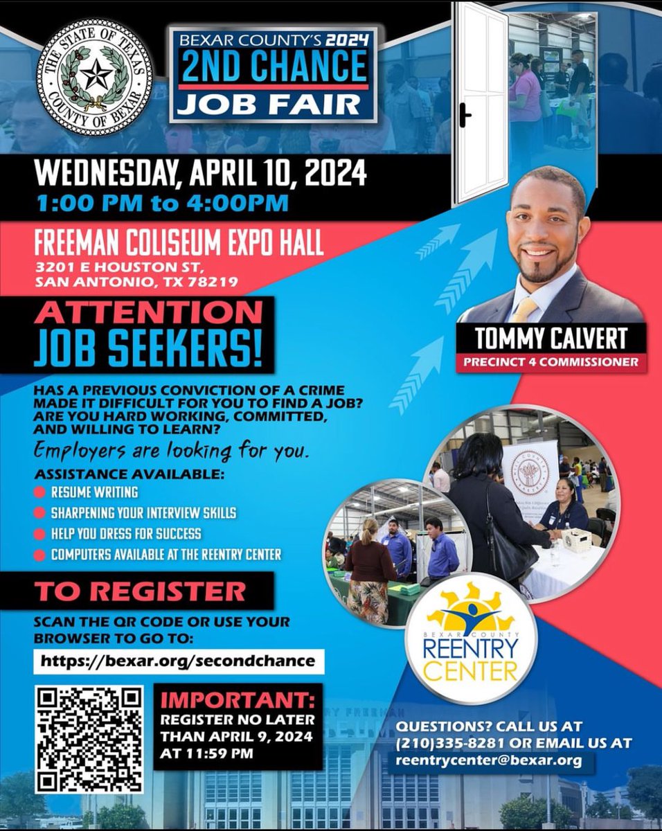 Discover New Opportunities at the Bexar County 2nd Chance Job Fair! 🎉 Bexar County Second Chance Job Fair on Wednesday, April 10, 2024, from 1:00 PM to 4:00 PM at The Freeman Coliseum Expo Hall. Remember to bring your tailored resume and get ready to unlock new opportunities!