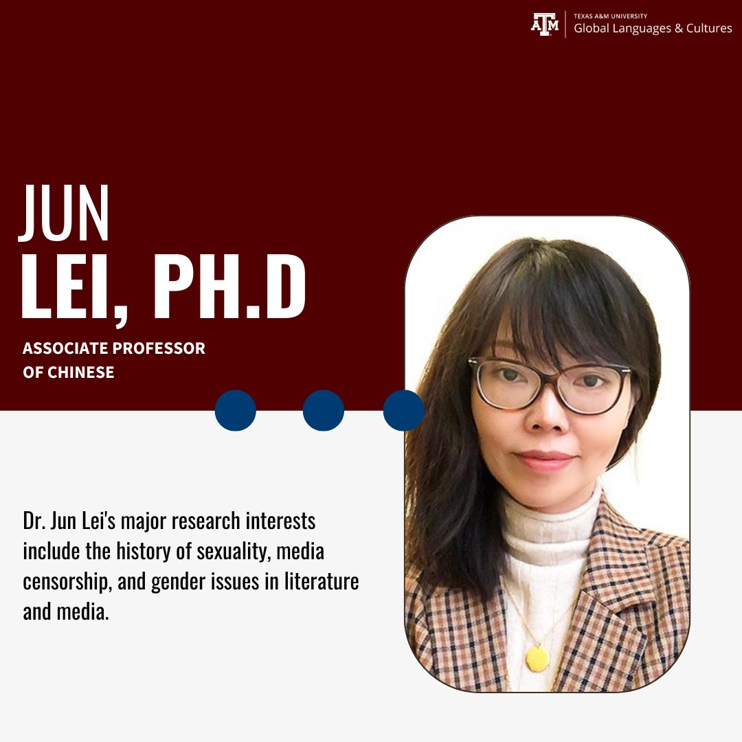 Dr. Jun Lei's major research interests include the history of sexuality, media censorship, and gender issues in literature and media. Her current research focuses on Chinese web fiction and social media.