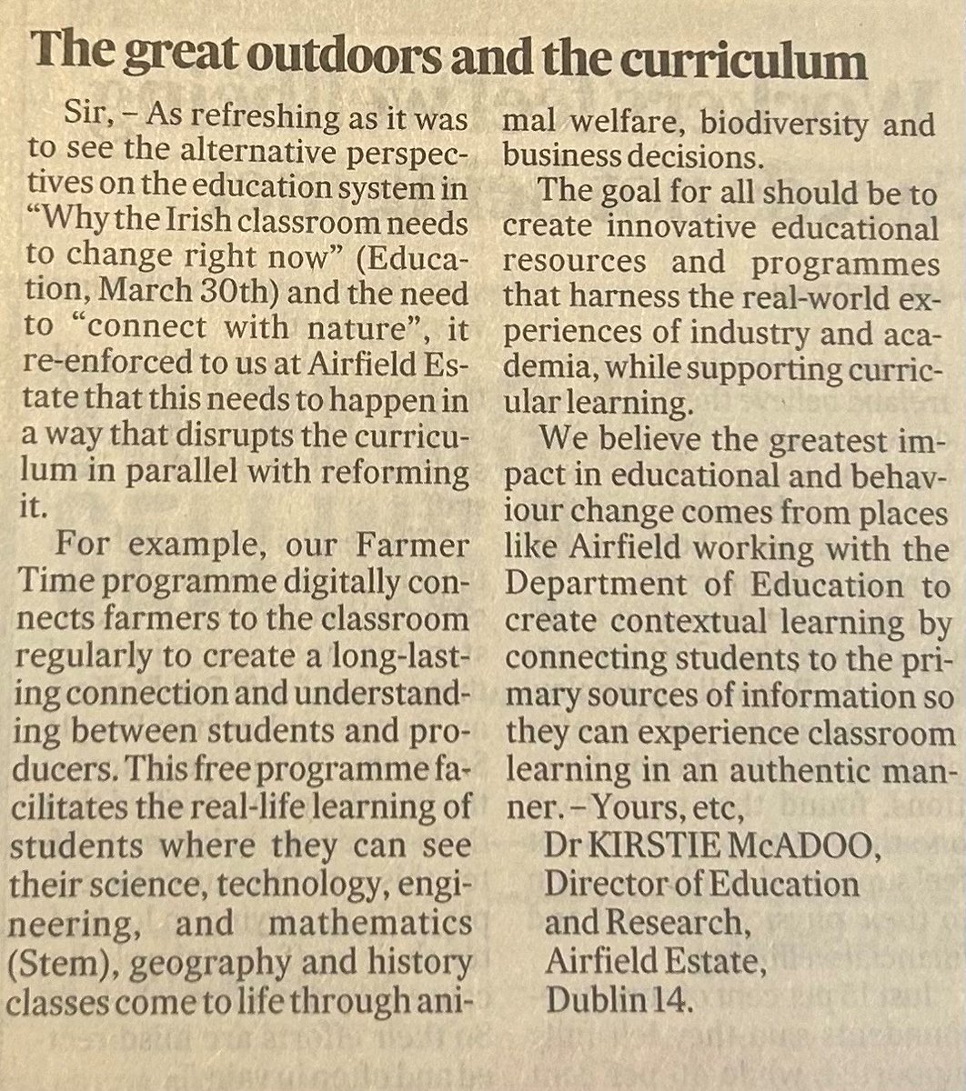 Take a look at @kirstiemcadoo, our Director of Education and Research's letter in today's @IrishTimes following its article about 'why the Irish classroom needs to change'. You can read the interesting viewpoint on future-proofing the education system here lnkd.in/e7cJbhz5
