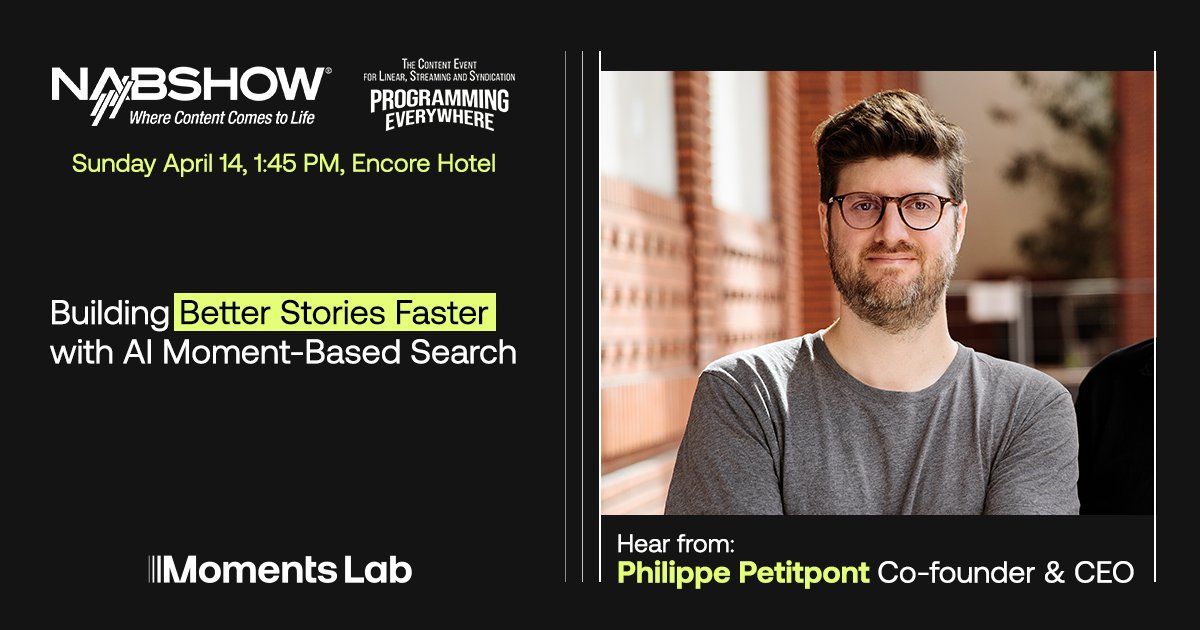 Video + Multimodal GenAI for content producers, let's speak about storytelling! ✨ <a href="/moments_lab/">Moments Lab (ex Newsbridge)</a>  (ex-Newsbridge) at <a href="/NABShow/">NAB Show</a>  #ProgrammingEverywhere on Sunday 14th. #NABShow <a href="/TVNewsCheck/">TVNewsCheck</a>
