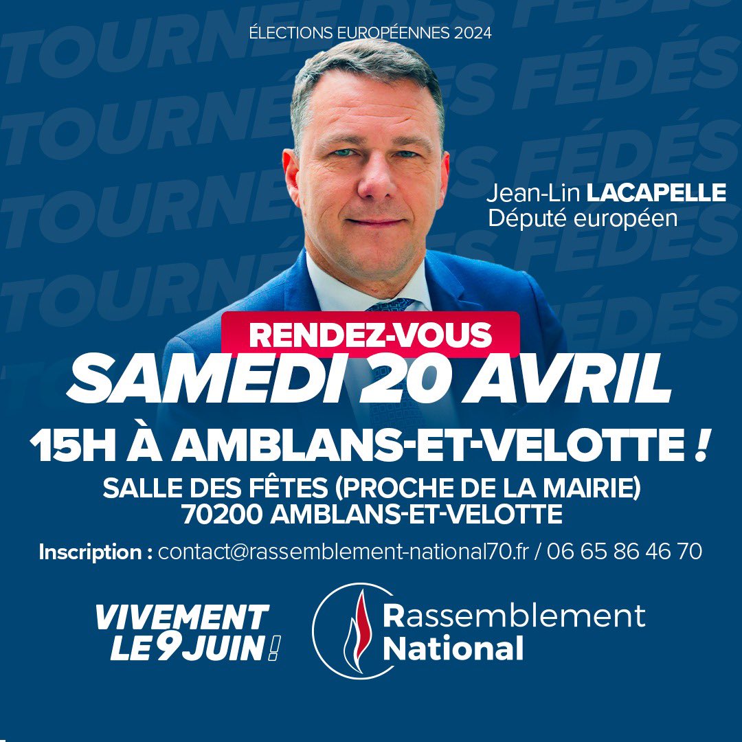 J’aurai le plaisir de venir en Haute-Saône à la rencontre des élus et adhérents du #RN70 ! L’occasion d’évoquer l’agenda crucial de la semaine au Parlement européen avec le vote du funeste pacte «Asile et Migrations» et la réforme du marché de l’électricité… #VivementLe9Juin !