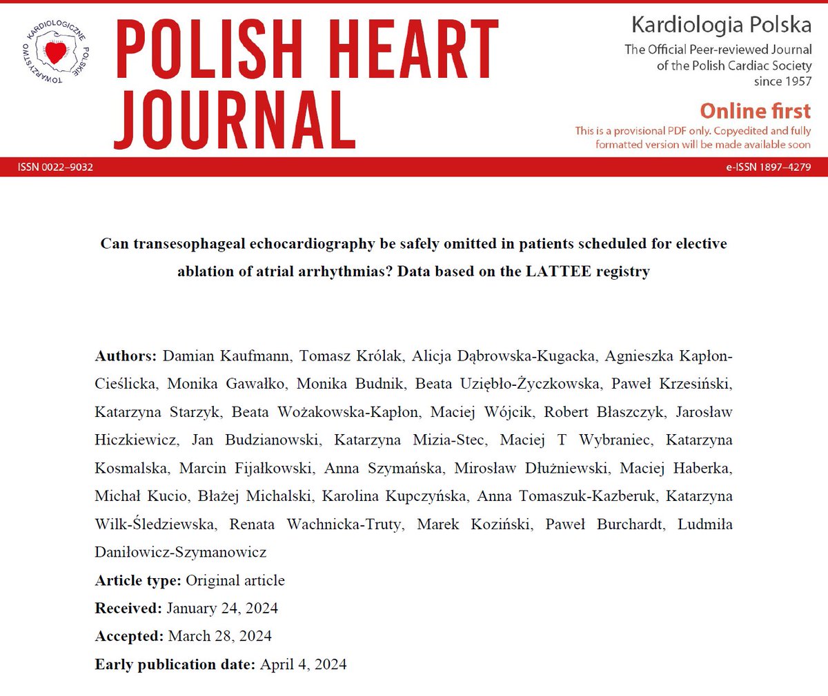 Editors' Insights: Can #TEE be safely omitted in patients scheduled for elective #ablation of atrial #arrhythmias? tiny.pl/drhxz #PolishHeartJournal #CardioTwitter #HeartNews #Cardiology @KaplonCieslicka @GawalkoMonika @PawelKrzesinski @bwmichalski @KaroKupczynska