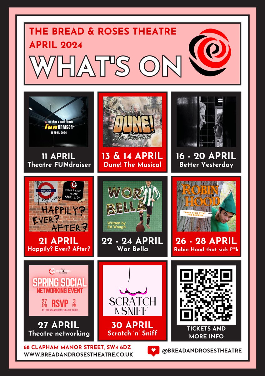 Musical, award-winning dark comedy, emerging artists, scratch comedy, in-house events and pantomime-noir 🎭 jam packed this April! Find out more and book: breadandrosestheatre.co.uk