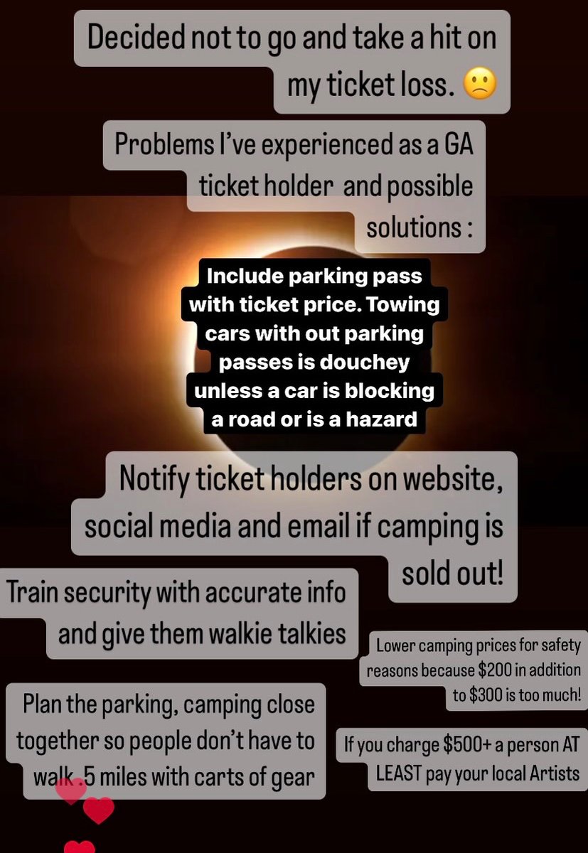 Cynthia Carvajal (@oceanlifeline) on Twitter photo <a href="/RealDiscoDonnie/">Disco Donnie</a> <a href="/TexasEclipseDAO/">Texas Eclipse DAO</a>
Worst festival I’ve ever been to. Bought a ticket and left before going in. Parking should be included in ticket price. Camping sold out. Douchey to tow cars w/o pass. Artists treated badly, no tents or food for them. Local artists not paid. <a href="/RealDiscoDonnie/">Disco Donnie</a> <a href="/TexasEclipseDAO/">Texas Eclipse DAO</a>
Worst festival I’ve ever been to. Bought a ticket and left before going in. Parking should be included in ticket price. Camping sold out. Douchey to tow cars w/o pass. Artists treated badly, no tents or food for them. Local artists not paid.