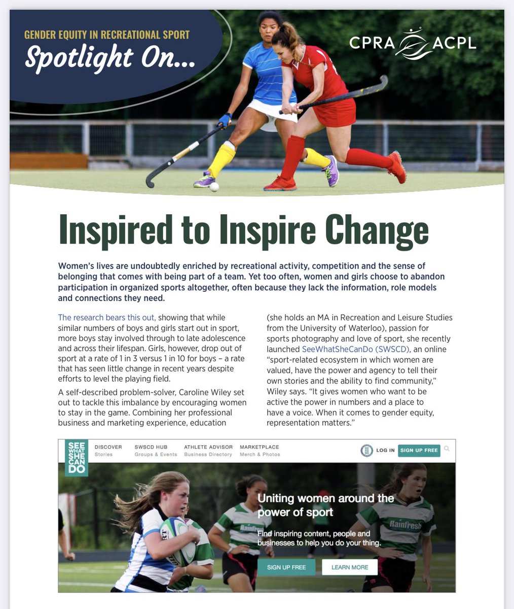 Thx to @CPRA_ACPL 4 featuring #SWSCD & our efforts to empower women thru sport & community & our efforts to create a more equitable sport/recreation/physical activity world for all through investment & innovation. cpra.ca/wp-content/upl… #SeeWhatSheCanDo #CPRA #ACPL #LetsAllPlay