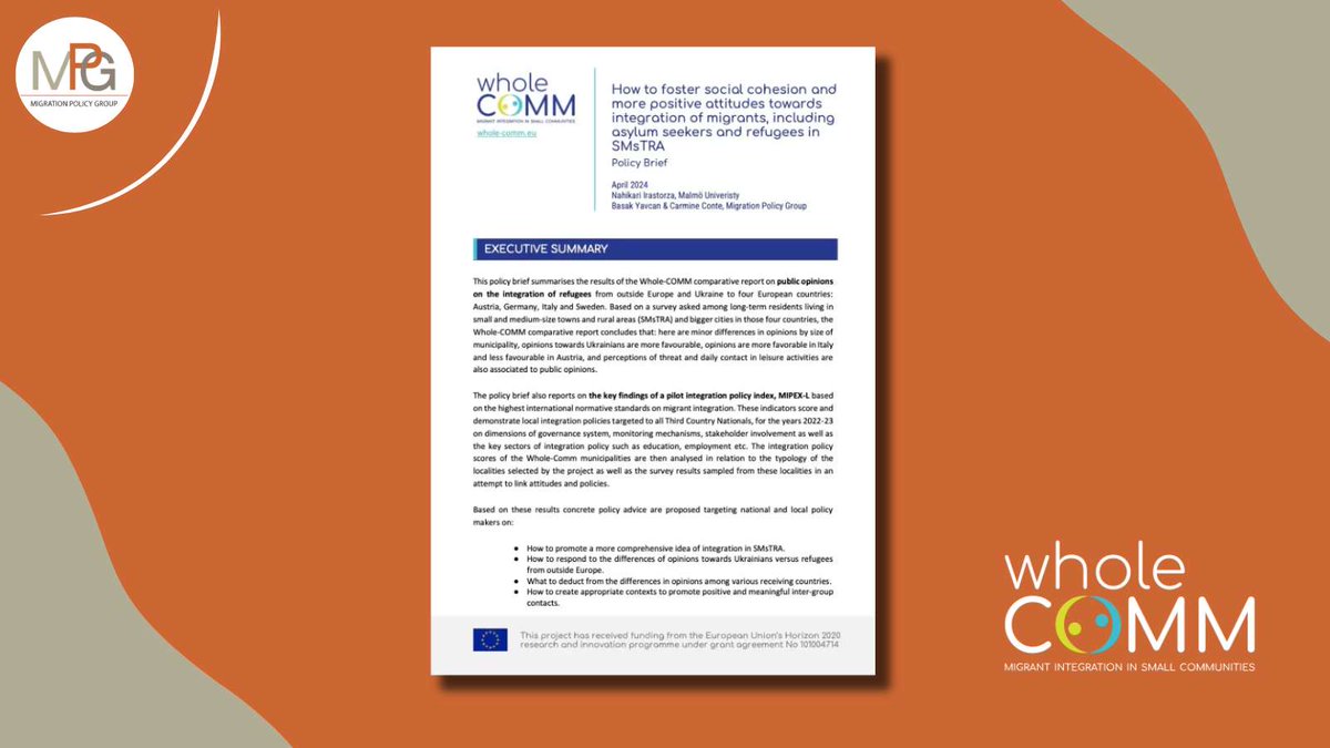 In this new @whole_comm policy brief, authors @BasakYavcan, @ConteCarmin88 & Nahikari Irastorza, explore the linkages between inclusive integration policies at the local level and public attitudes towards migration and social cohesion. Read it here: bit.ly/3vJdnNV