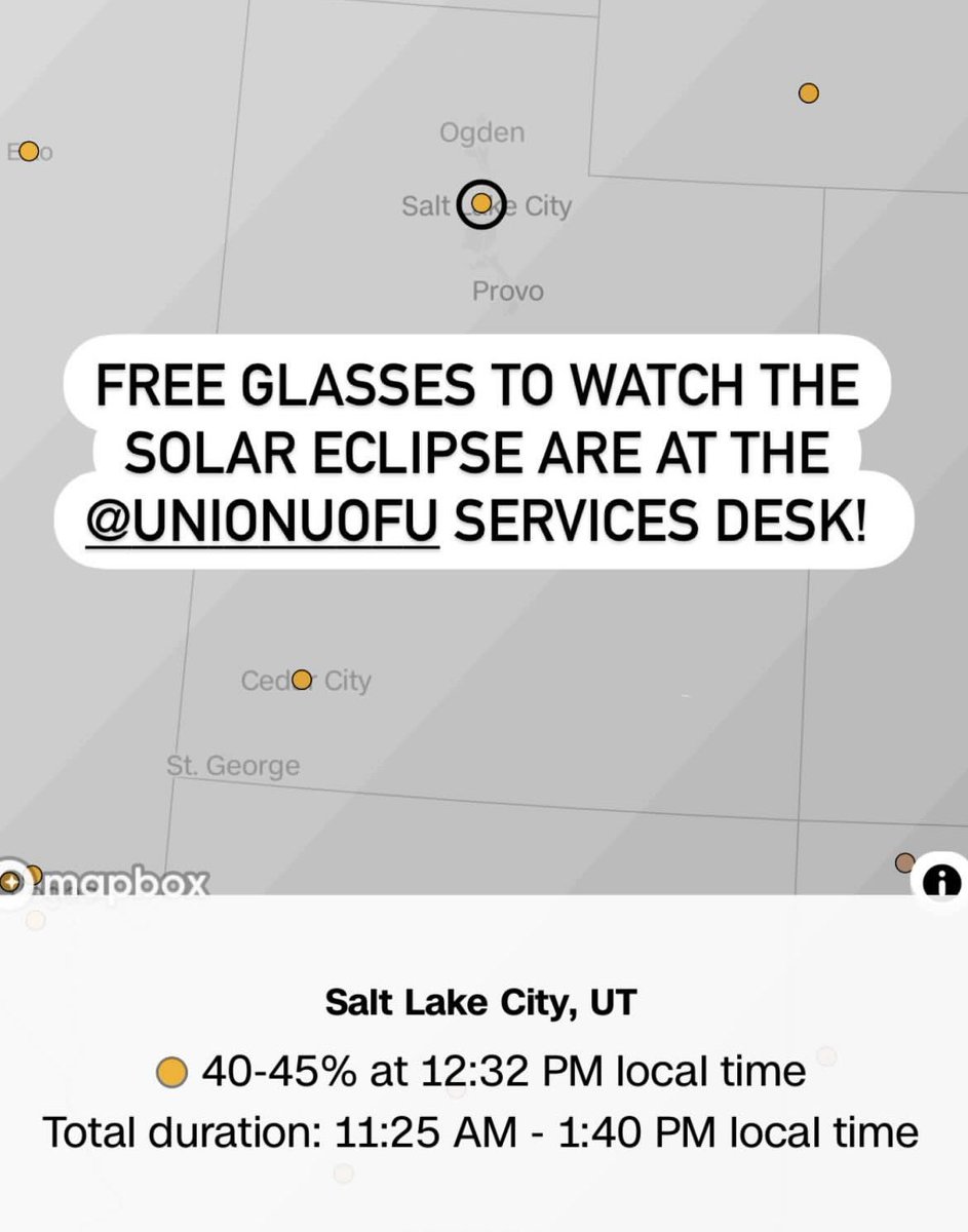 Free glasses for solar eclipse viewing are available at the @UnionUofU services desk! #Eclipse2024