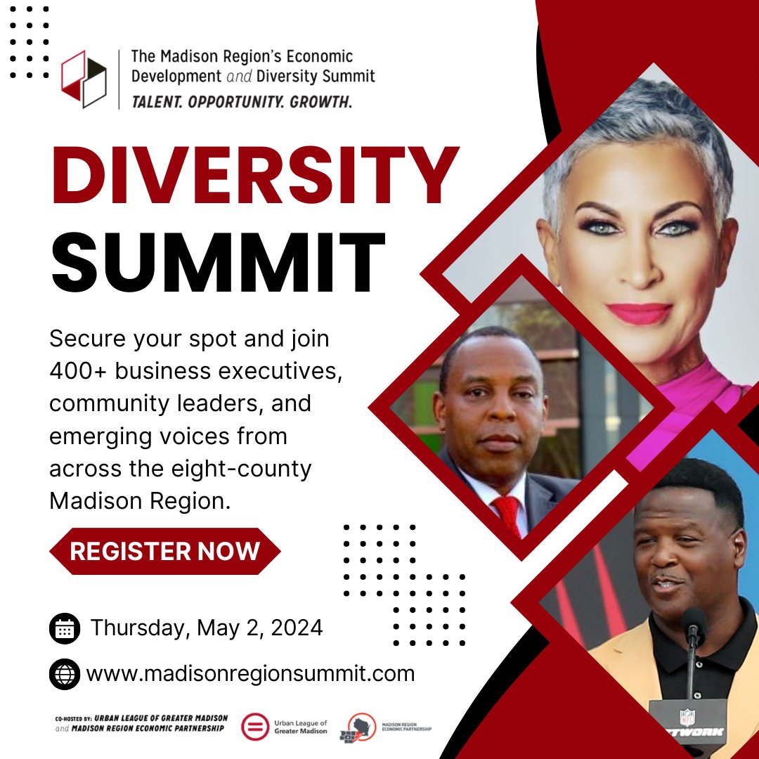 📢 Attention all movers and shakers! 🚨Don't miss the 11th Annual Madison Region Economic Development & Diversity Summit on May 2 at the @MononaTerrace. Secure your seat today & take your workplace, community, and career to the next level! Register now at: madisonregionsummit.com