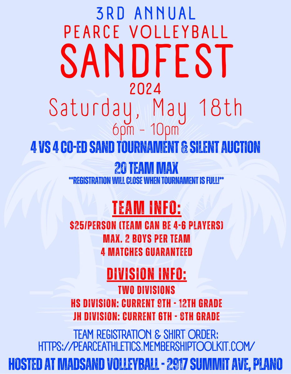 Pearce Volleyball's 3rd Annual Sandfest is coming!! Sign-ups are open on pearceathletics.membershiptoolkit.com/events We can't wait to see you there!!