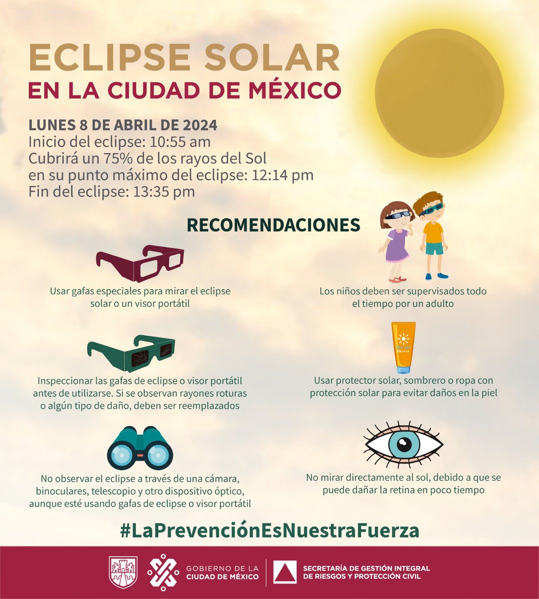 Hoy, 8 de abril, en punto de las 10:55 h, se podrá observar de forma parcial el Eclipse Solar. Este fenómeno astronómico tendrá su punto máximo a las 12:14 h. Sigue las recomendaciones: ➡️No mires directamente el sol ➡️Utiliza gafas especiales para mirar el eclipse ➡️Usa…