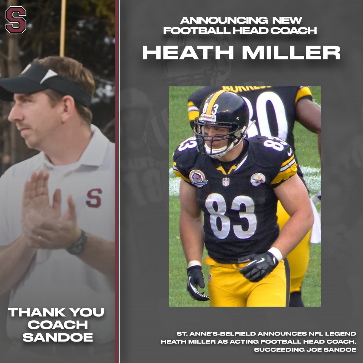 St. Anne’s-Belfield is thrilled to announce that NFL champion and Pittsburgh Steelers star, Heath Miller, P. ’28, ’29, ’31, & ’33, will be the acting head coach for Saints Football in the 2024-25 season. stab.org/fs/comms-manag…