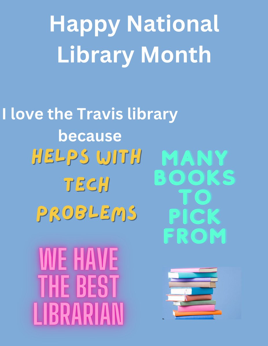 In honor of National Library Week I will be posting posters our students created showing why they love their Travis Library. @annvega @TerriersTravis @ALALibrary @CanvaEdu #McAllenISDlib #NationalLibraryWeek #ReadySetLibrary