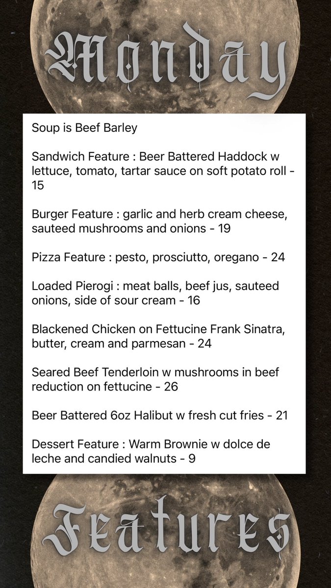 🌟𝐌𝐎𝐍𝐃𝐀𝐘 𝐅𝐄𝐀𝐓𝐔𝐑𝐄𝐒🌟

🕛 Open from 12pm - 8pm
🛍️ Takeout Available All Day
🚙 Limited Delivery @ 5pm
⏰ Times not Guaranteed

𝙁𝙐𝙇𝙇 𝙈𝙀𝙉𝙐: bit.ly/3uVLb5H

📲 Order by phone
      519-832-2041