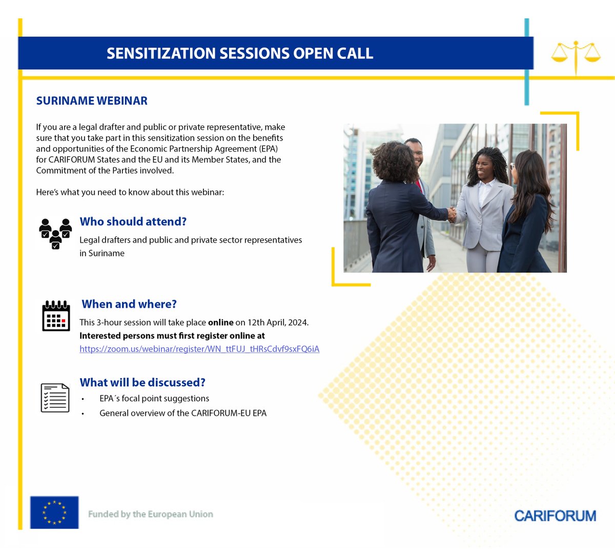 📢Calling all Legal Drafters in Suriname 🇸🇷 for: 🌟CARIFORUM - EU Economic Partnership Agreement - Suriname Webinar 📆12 April 2024 ⏰10:00 AM AST 💻Register at: ow.ly/MG9Y50RaEmF