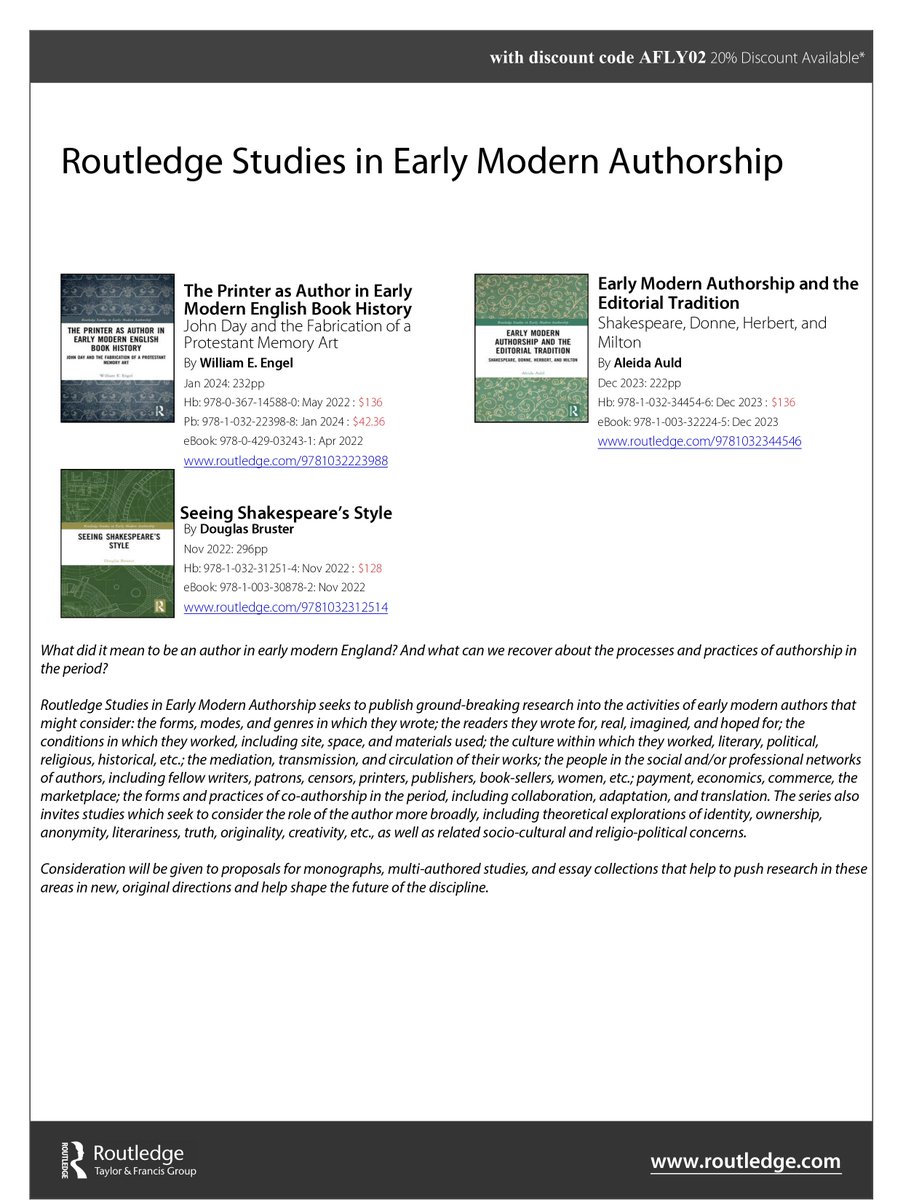Studies in Early Modern Authorship series, ed. Laurie Maguire, Heather Hirschfeld & Rory Loughnane. Have an idea for a monograph or collection? Come find us for a 'Meet the Editors' session @SAAupdates from 3-4pm on Friday 12 April at the Book Exhibits