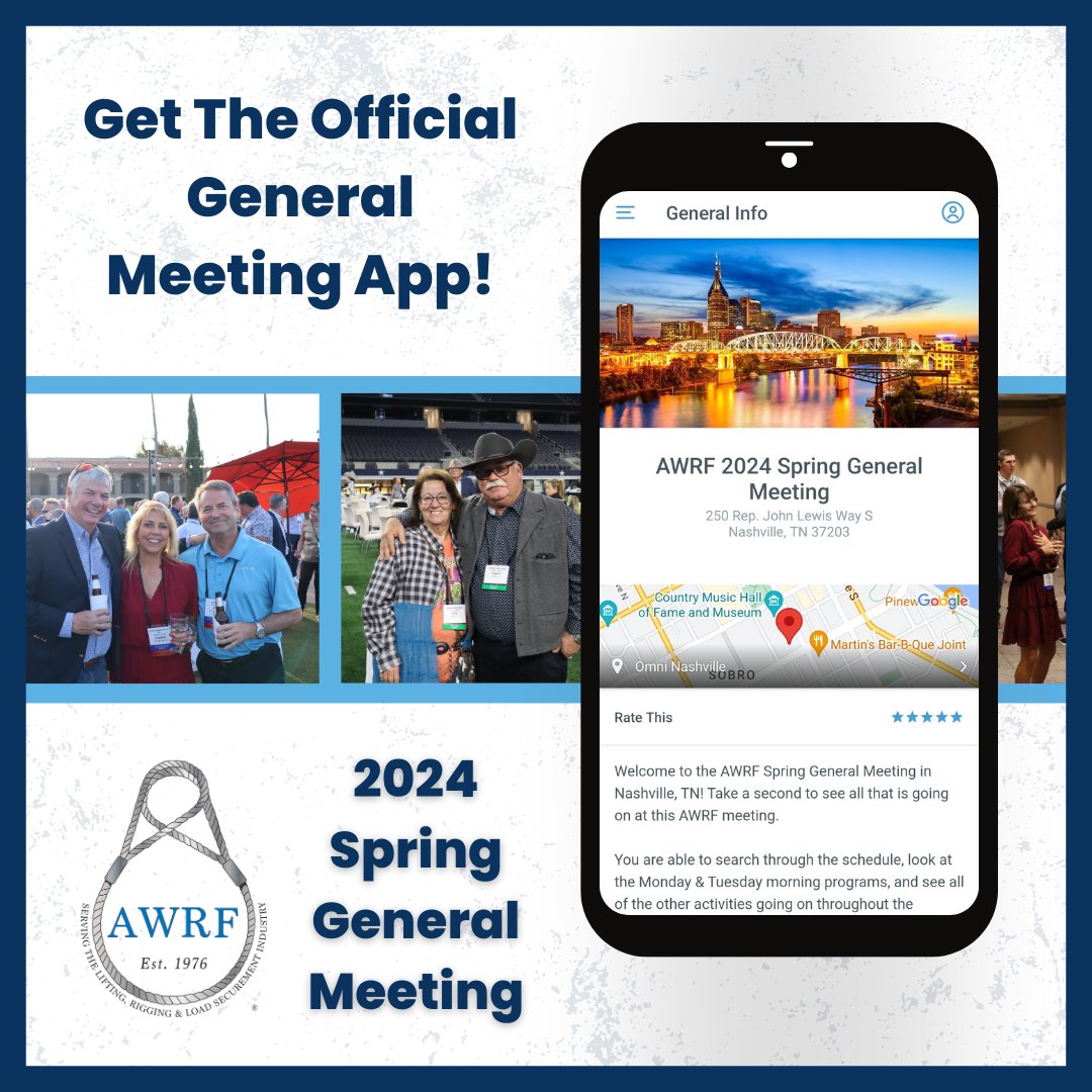 Are you ready for the 2024 Spring General Meeting? Download the free app to access our meeting schedule, connect with other AWRF members, and share your favorite pictures from the event! Get the App: lnkd.in/edPSKyHT #WireRope #Rigging #AWRF #SpringMeeting #Nashville