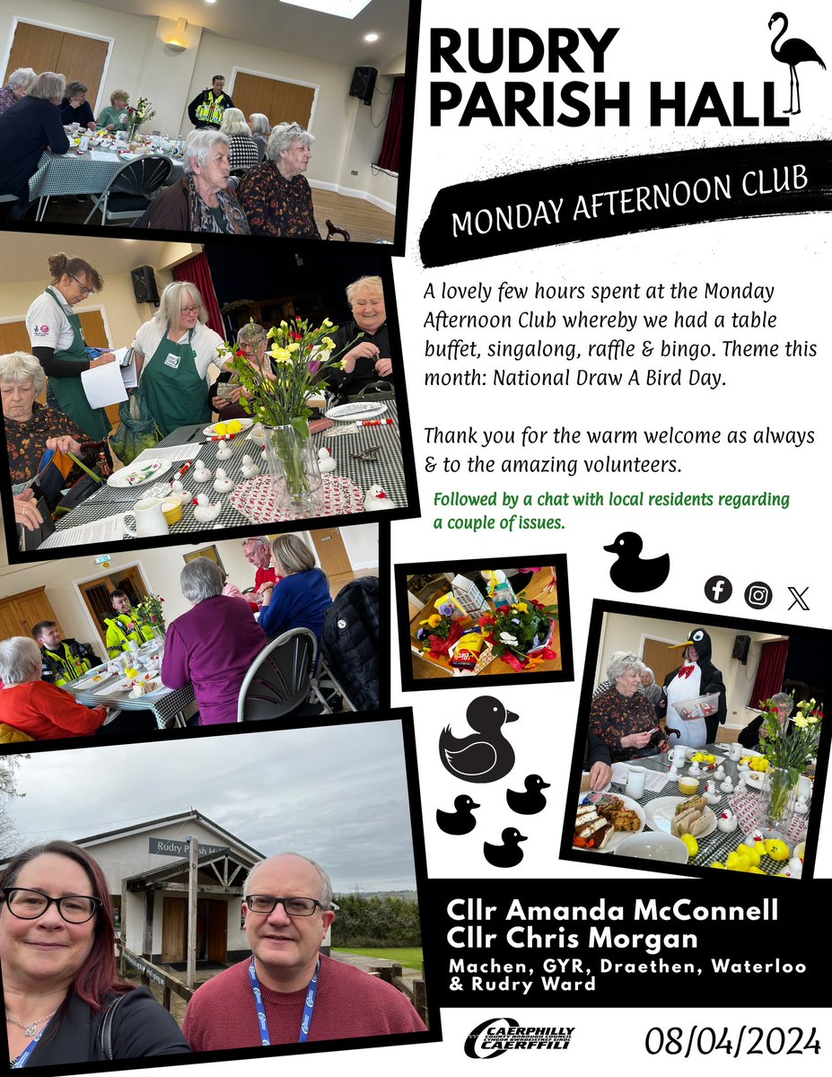 🐥 DWR Monday Afternoon Club 🐥 A lovely few hours spent at Rudry Parish Hall whereby we had a table buffet, singalong, raffle & bingo. Thank you for the warm welcome as always & to the amazing volunteers. Cllr @morgac15 #Community #MachenRudryWard #NationalDrawABirdDay