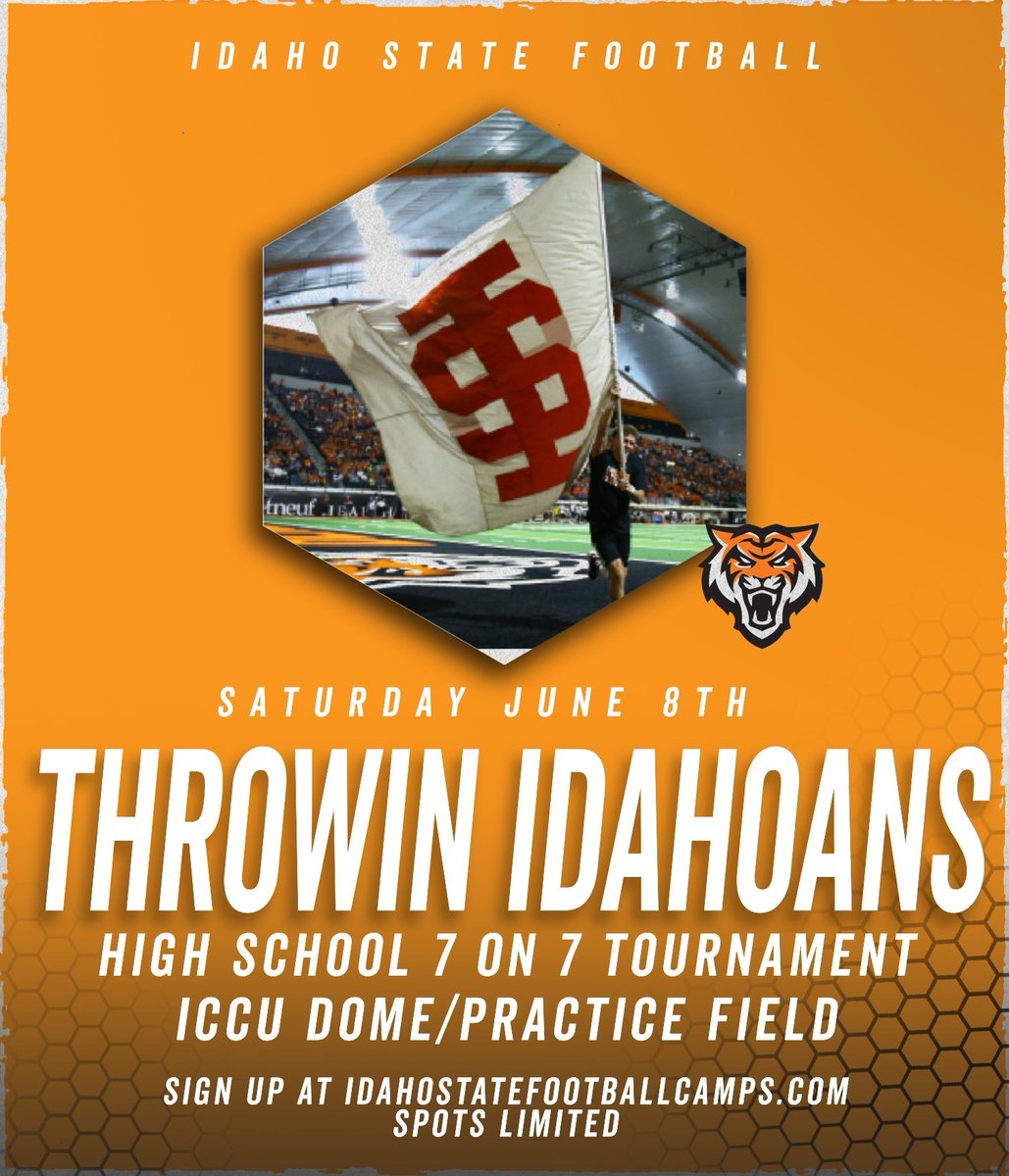 Future Throwin' Idahoans We Want You! Register and Come out to the Dome on Saturday, June 8 for the Throwin' Idahoans 7 on 7 Tournament hosted by Idaho State Football. Spots are limited so register today at Idahostatefootballcamps.com #RoarBengalsRoar