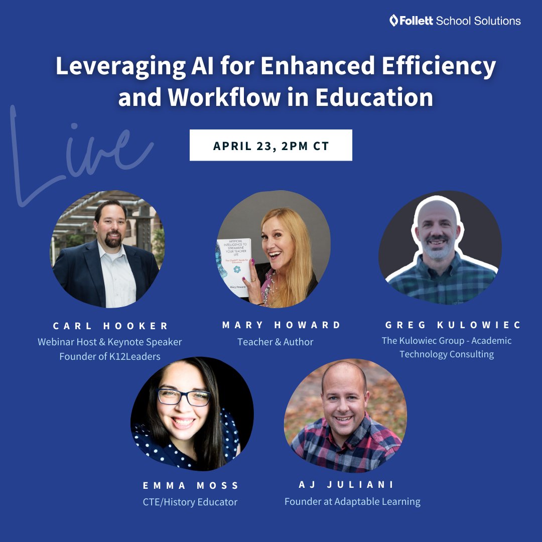 Discover how #AI can bring efficiency, creativity, and promote inclusivity in your teaching with tech guru @mrhooker and a dynamic team of AI educators. Learn the strategies that will revitalize education for your students. Register today! bit.ly/43Oveje.