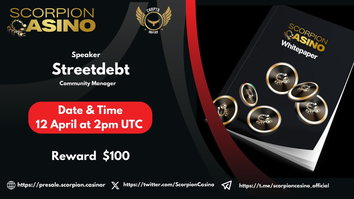 we're Pleased to announce our next Xspace AMA with @ScorpionCasino on 12th April 2024 at 2 PM UTC X Space LIVE AMA Reward: $100 📌Set Reminder x.com/i/spaces/1OdKr… ✅Must follow @Empire8x and @ScorpionCasino ✅Retweet & Like ✅Drop your questions