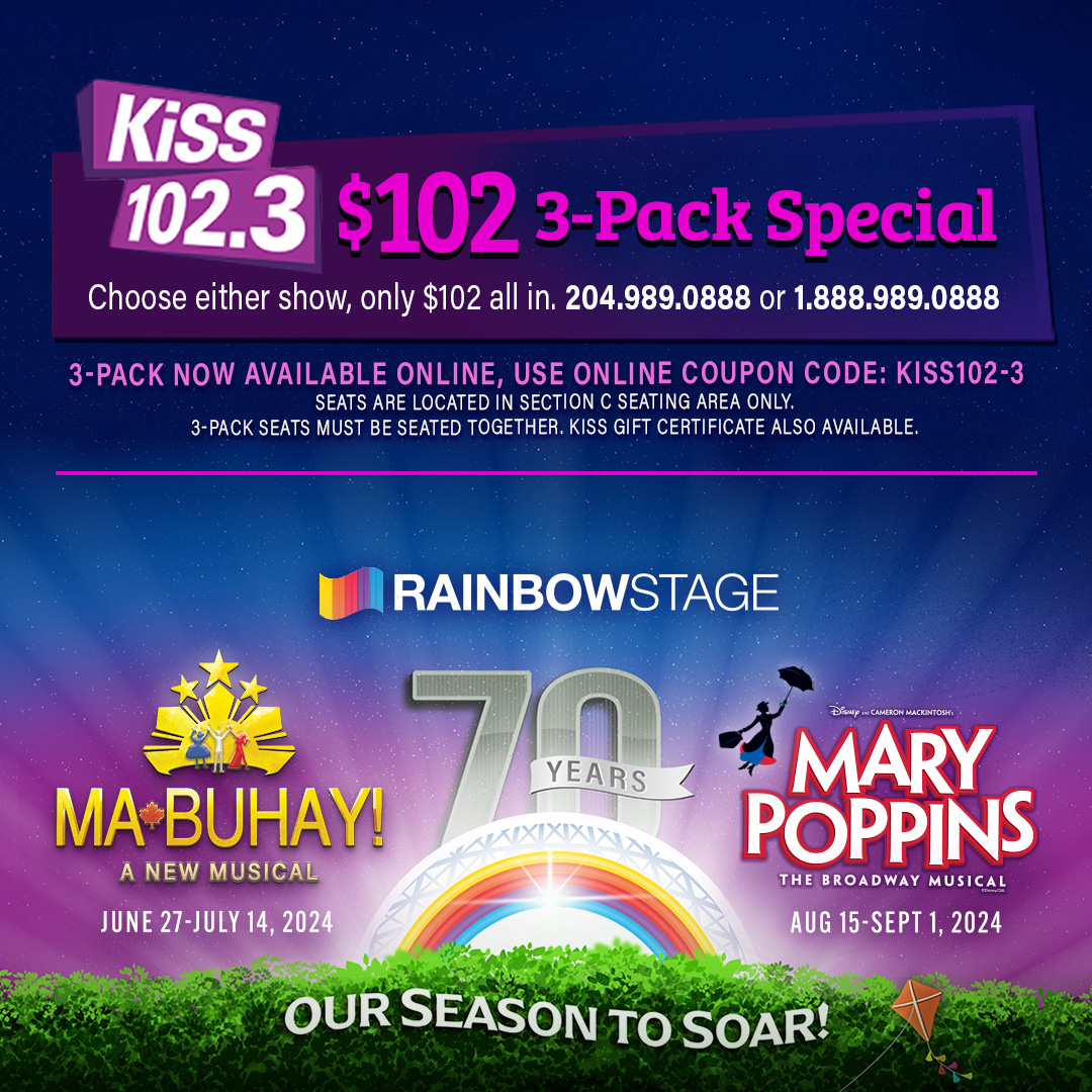 The KISS $102 3-PACK special is now available to purchase online! Use code KISS102-3 AND SAVE big today!! 

Use one of the 3 ways below to get your tickets TODAY! 

Online ⌨️ rainbowstage.ca
By phone 📲 204.989.0888
In person 🏢 202-1215 Henderson Hwy