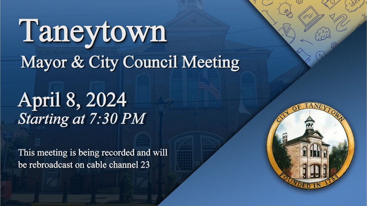 Watch live online coverage of the Taneytown, Maryland Mayor &amp; City Council Meeting on April 8 at 7:30 PM carrollmediacenter.org/city-taneytown
This meeting will be recorded for rebroadcast on cable channel 23.
