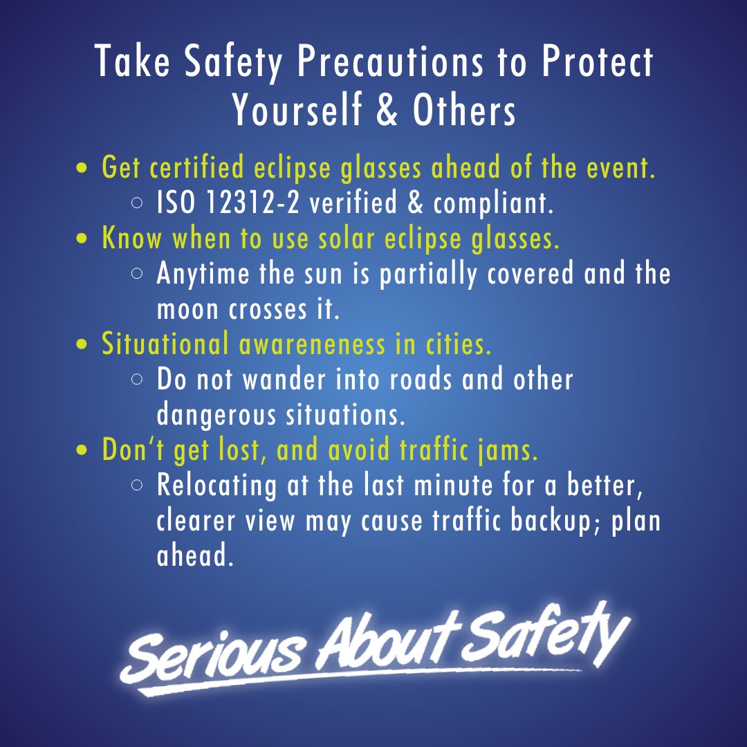 TMI_Safety's tweet photo. Ready for the total solar eclipse on Monday? Remember, safety first! 😎 Follow the helpful safety tips on the second slide! 

#TotalSolarEclipse #SolarEclipse2024 #SeriousAboutSafety #HelpfulTips #SafetyTips https://t.co/HmlT1ri6Zq
