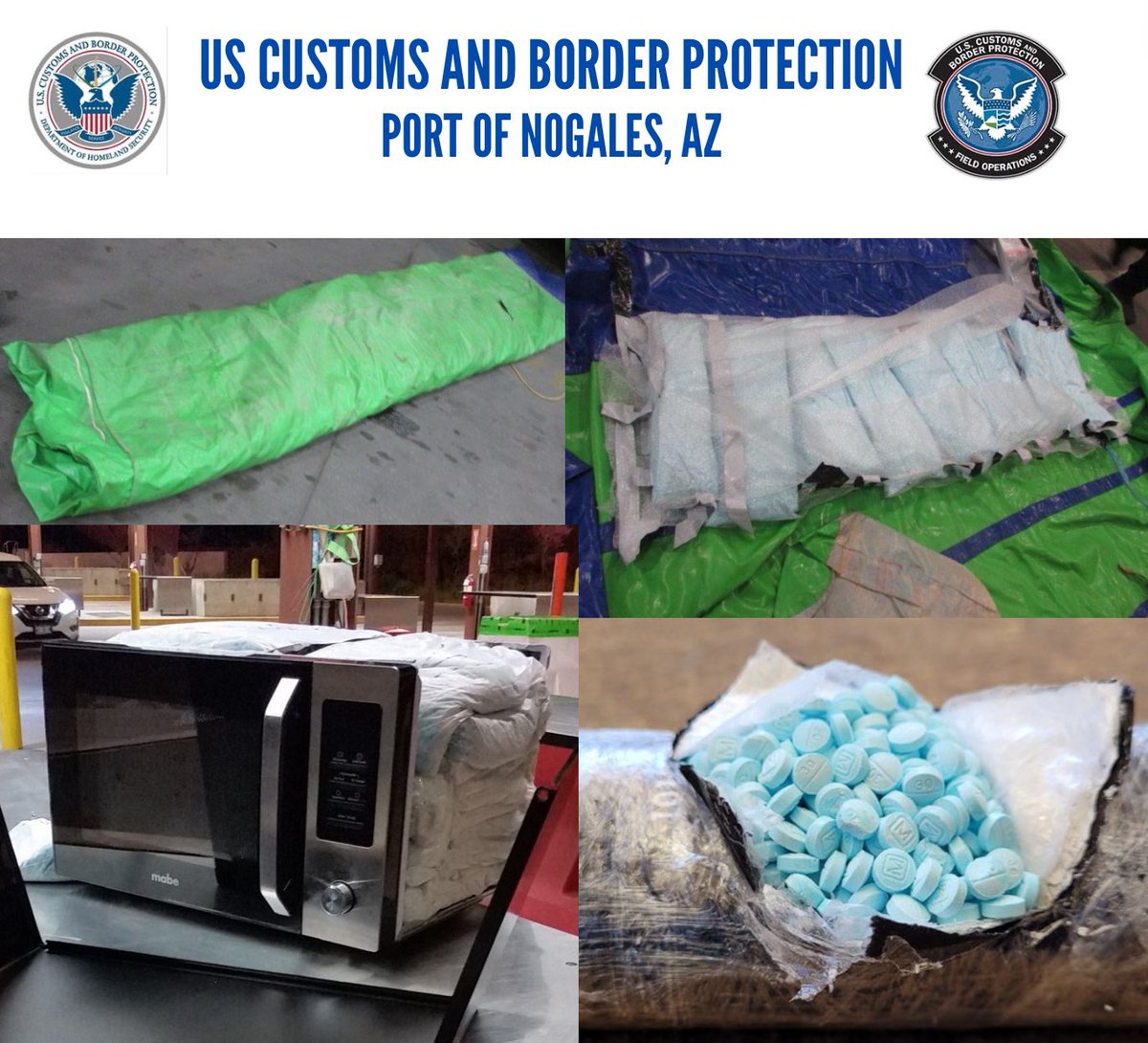 More than 1.1 million fentanyl pills seized at the Nogales POE in 4 days 3/26 About 166,270 pills hidden in a microwave oven 3/28 Approx 661,050 fentanyl pills and 3.9 lbs meth in a deflated bounce house 3/29 About 362,700 fentanyl pills hidden in doors and firewall of a vehicle