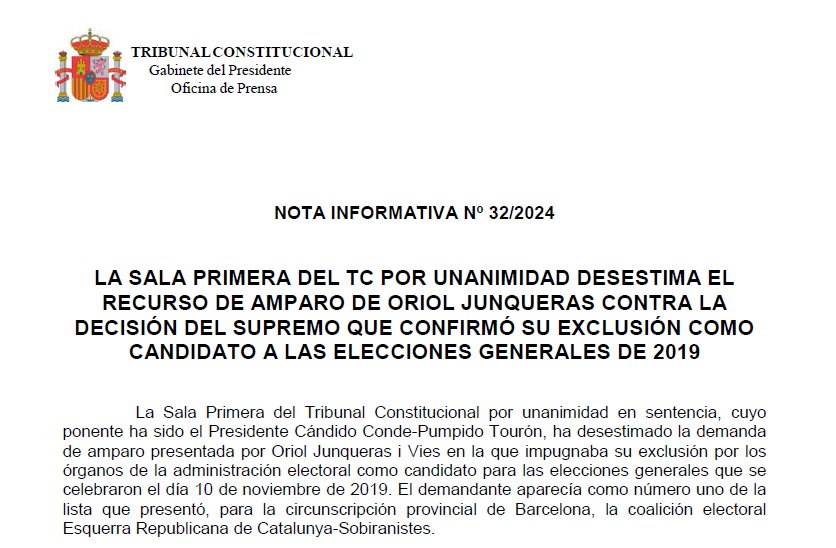 Nota de prensa | La Sala Primera del TC por unanimidad desestima el recurso de amparo de Oriol Junqueras contra la decisión del Supremo que confirmó su exclusión como candidato a las elecciones generales de 2019 tribunalconstitucional.es/NotasDePrensaD…