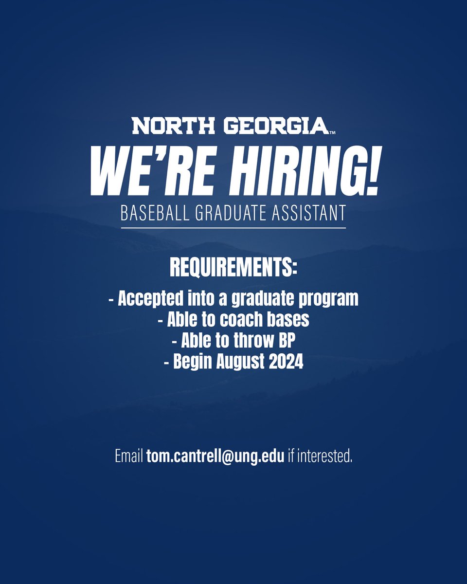 Interested in obtaining your Graduate Degree & joining our Coaching Staff? We’re hiring a Graduate Assistant to begin in August 2024! Email tom.cantrell@ung.edu to express interest. Apply online by searching UNG Jobs. #ItsAllAboutTheNG