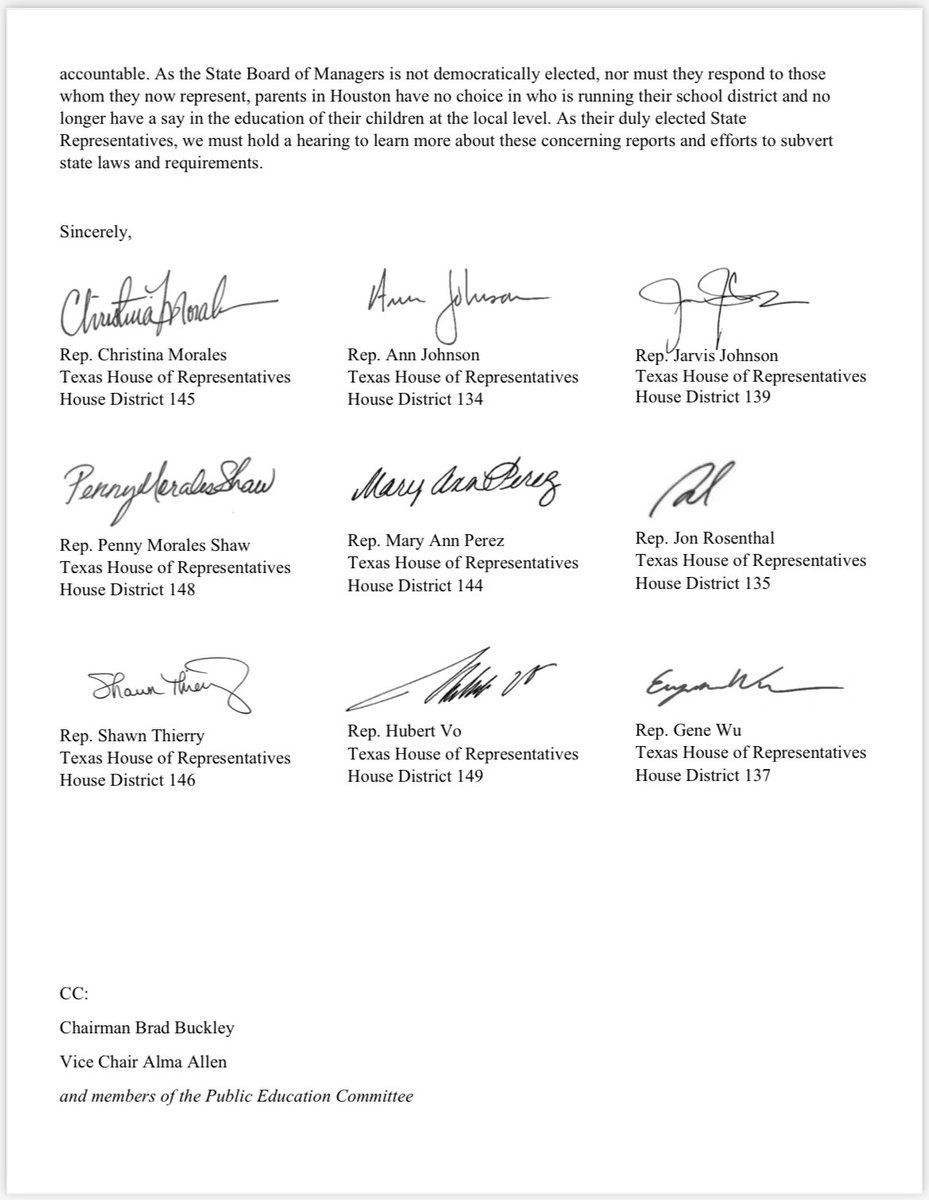 I, along with 8 other State Representatives, requested a public hearing about our serious concerns with @HoustonISD. We cannot vote on who represents us on the school board, so we as state representatives must hold the board accountable. I look forward to learning the truth.