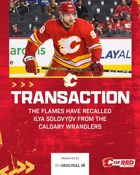 Original 16 transaction graphic with photo of Ilya Solovyov in a red Flames jersey