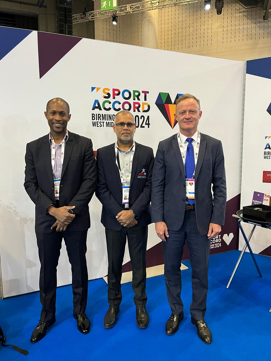 First meetings for our President @lpetrynka at @sportaccord in Birmingham, starting with Jason Williams and @Kserrette from The Sports Company from Trinidad and Tobago interested in partnering with us. .
