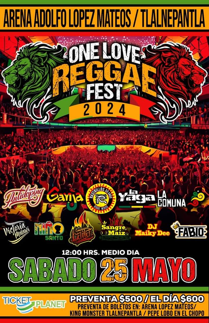 'ONE LOVE REGGAE FEST 2024'
PARA EL 25 DE MAYO CON :
@losrastrillos
@_antidoping 
#LaYagaOficial
#LaComuna 
#ganja
@victoriamalawi 
#Niñosanto
#Laita
@maikydee26643 
 @jahfabiomx 
@sangremaiz 
En la arena López Mateos 
#reggaemusic #reggae #ReggaeGroove