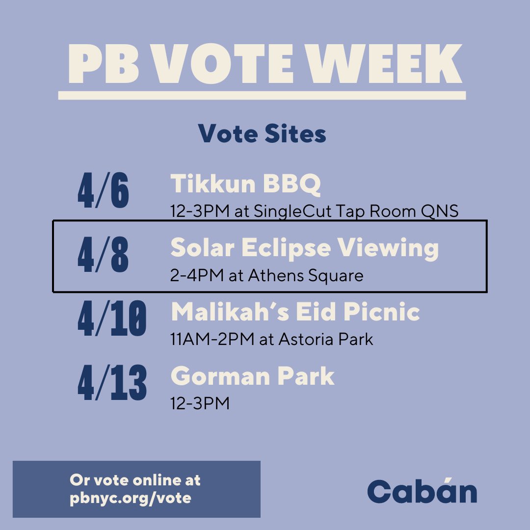 Our PB team will be in Athens Square with glasses, crafts, and a pop-up voting site starting at 2pm today! At 3pm, our entire district team will join up, so if you're trying to reach us, we'll be back in the office at 4pm.