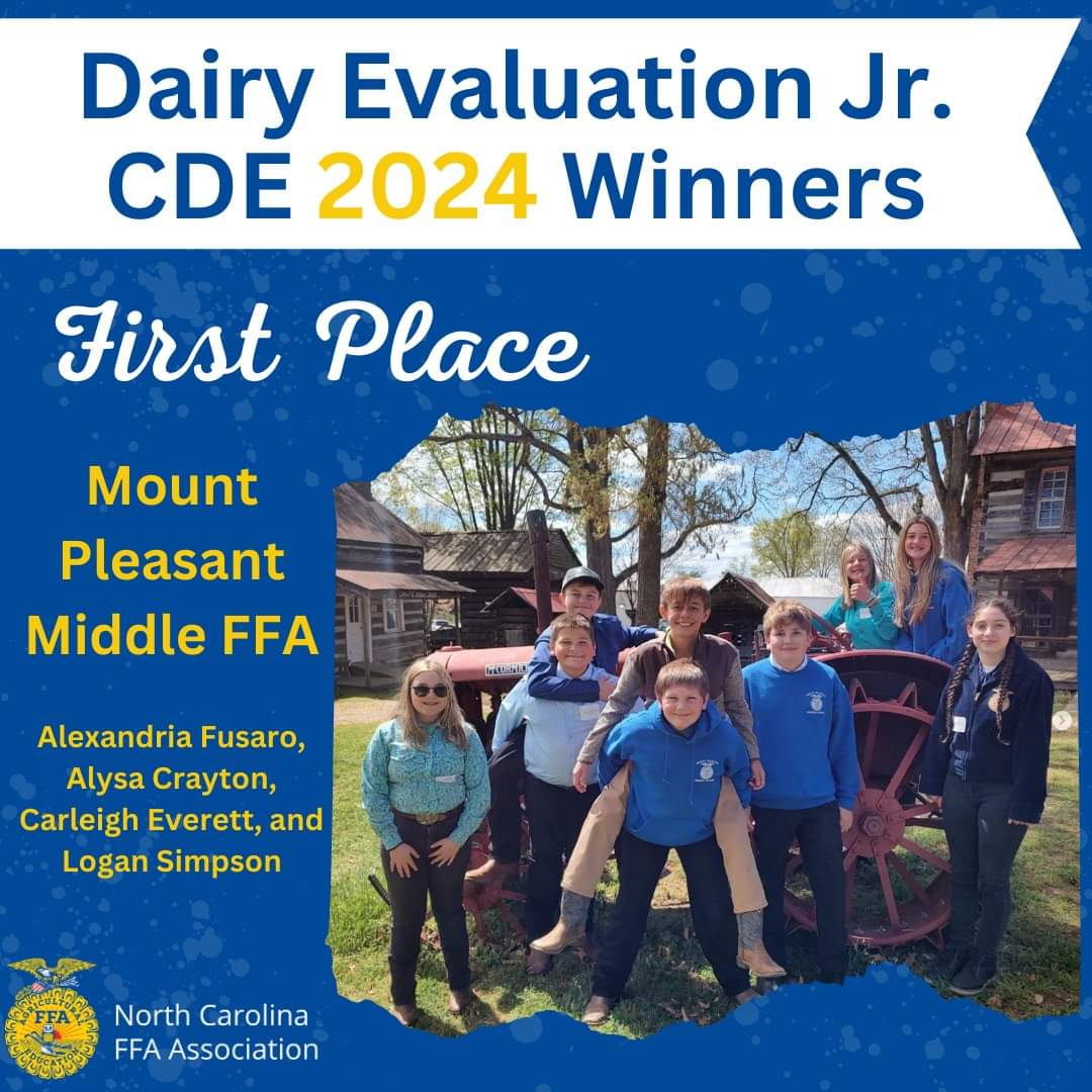 Congratulations to the Mt. Pleasant Middle School FFA Dairy Evaluation Team who placed 1st OVERALL in the NC FFA Jr. Division! 🏆🐮🌟