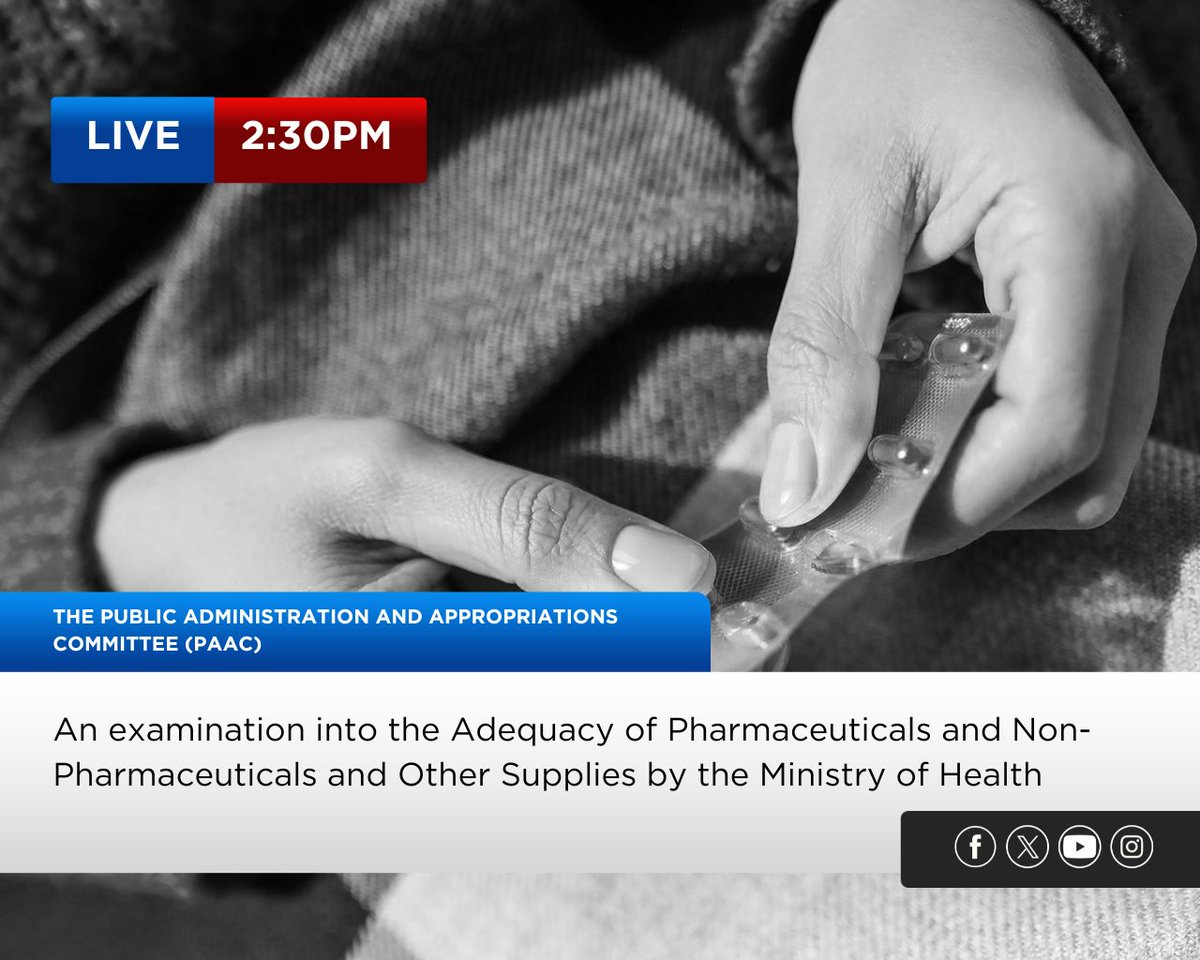 Today, the PAAC meets with officials of the Ministry of Health to discuss the adequacy of pharmaceuticals, non-pharmaceuticals and other supplies by the MOH. Catch this discussion LIVE on Parliament Channel 11, Radio 105.5 FM or ParlView from 2:30pm. youtube.com/live/PlEOwCN3y…