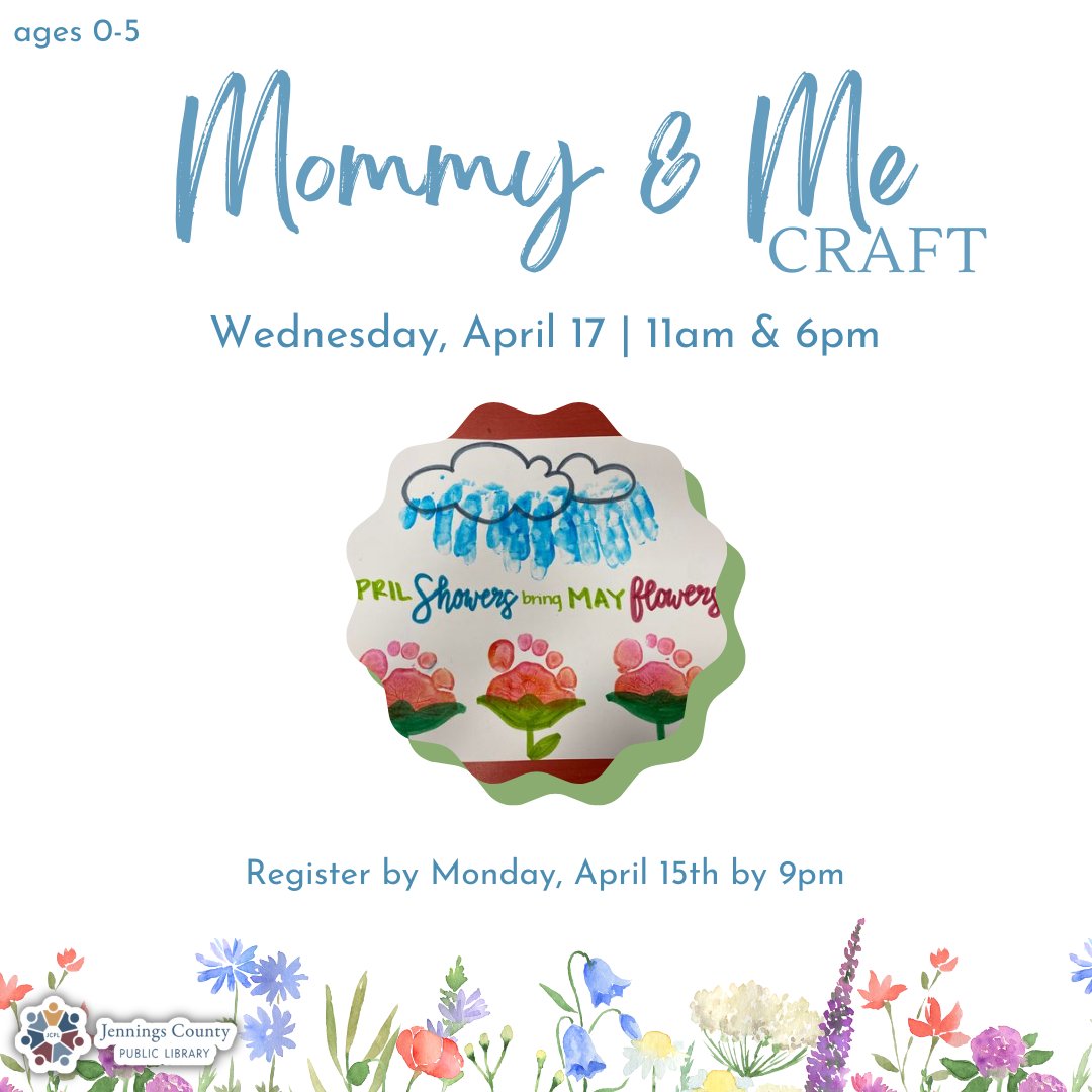 Join us for 'Mommy & Me Craft' Wednesday, April 17th! To register for 11am, visit jenningscounty.librarycalendar.com/event/mommy-me…. To register for 6pm, visit jenningscounty.librarycalendar.com/event/mommy-me… or call the library at 812-346-2091!

#mommyandme #craft