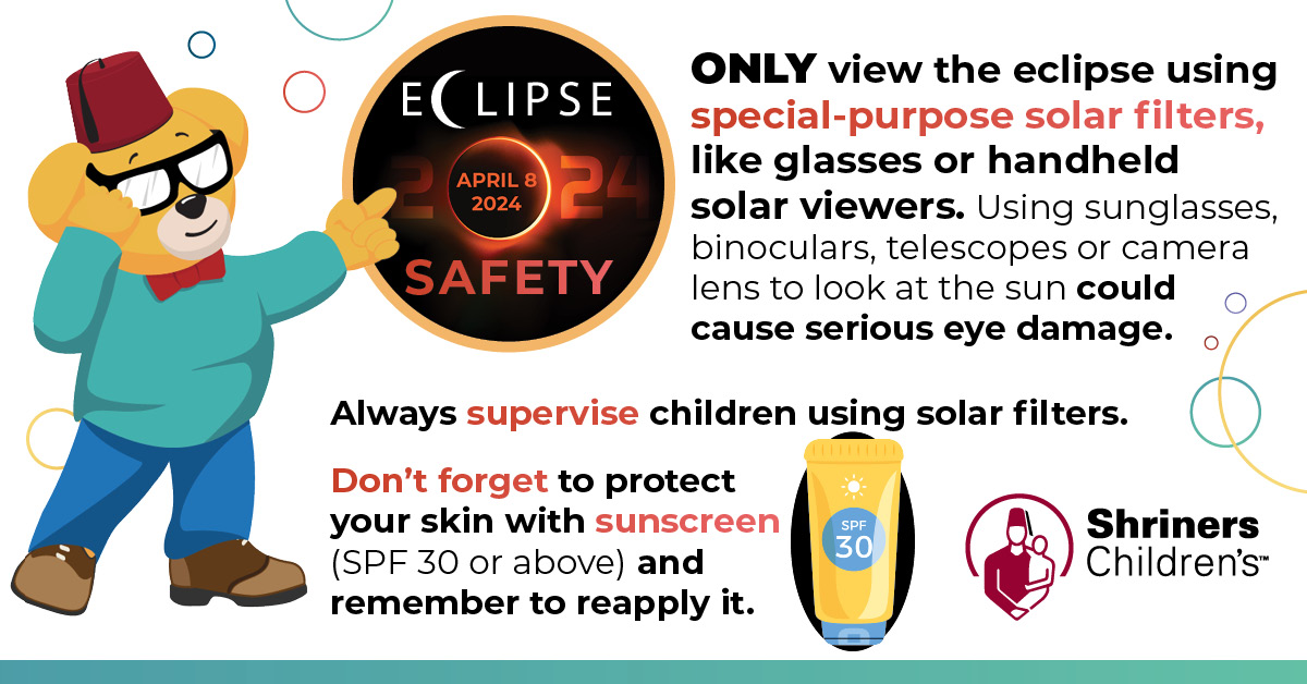 Are you ready for the eclipse? ☀️ ONLY use special-purpose solar filters to view the eclipse ☀️ Supervise children using solar filters ☀️ Protect your skin with sunscreen (SPF 30 or above) and reapply #eclipse #eclipsesafety #safety