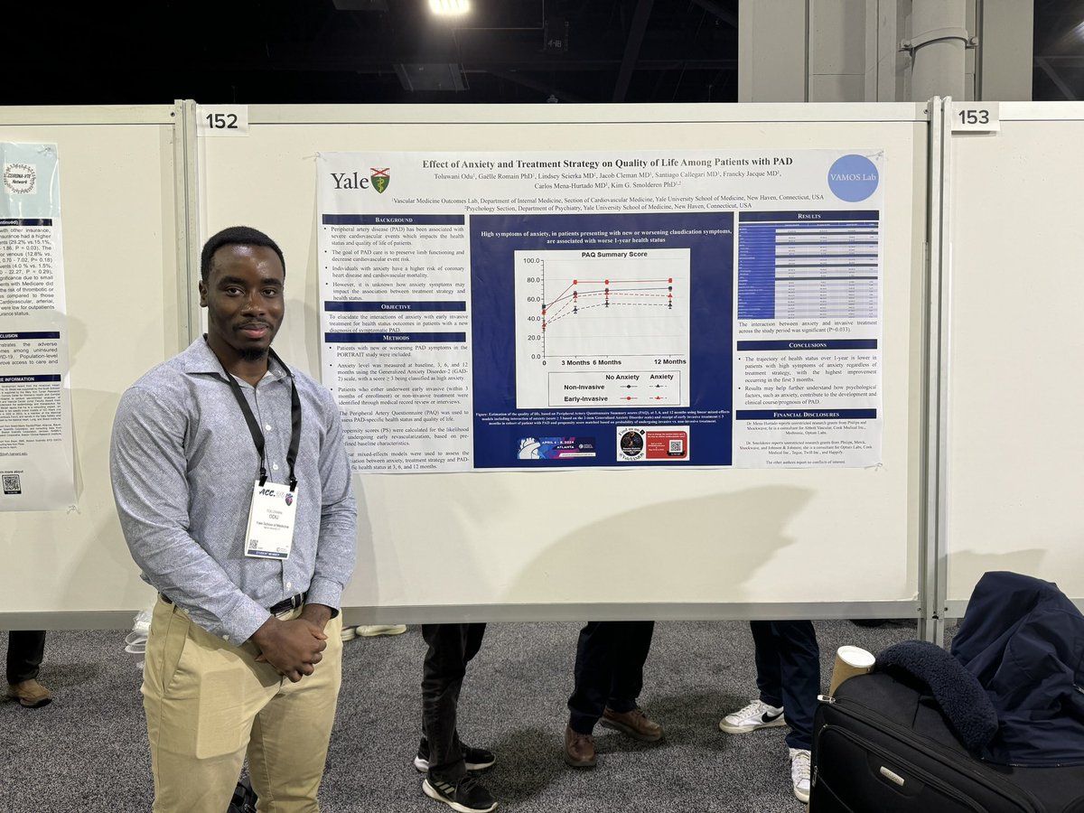 The last day of #ACC24 starts strong with @YaleMed medstudent Toluwani Odu doing an outstanding poster presentation highlighting the effects of anxiety and treatment strategies on quality of life among patients with PAD! #ACC2024