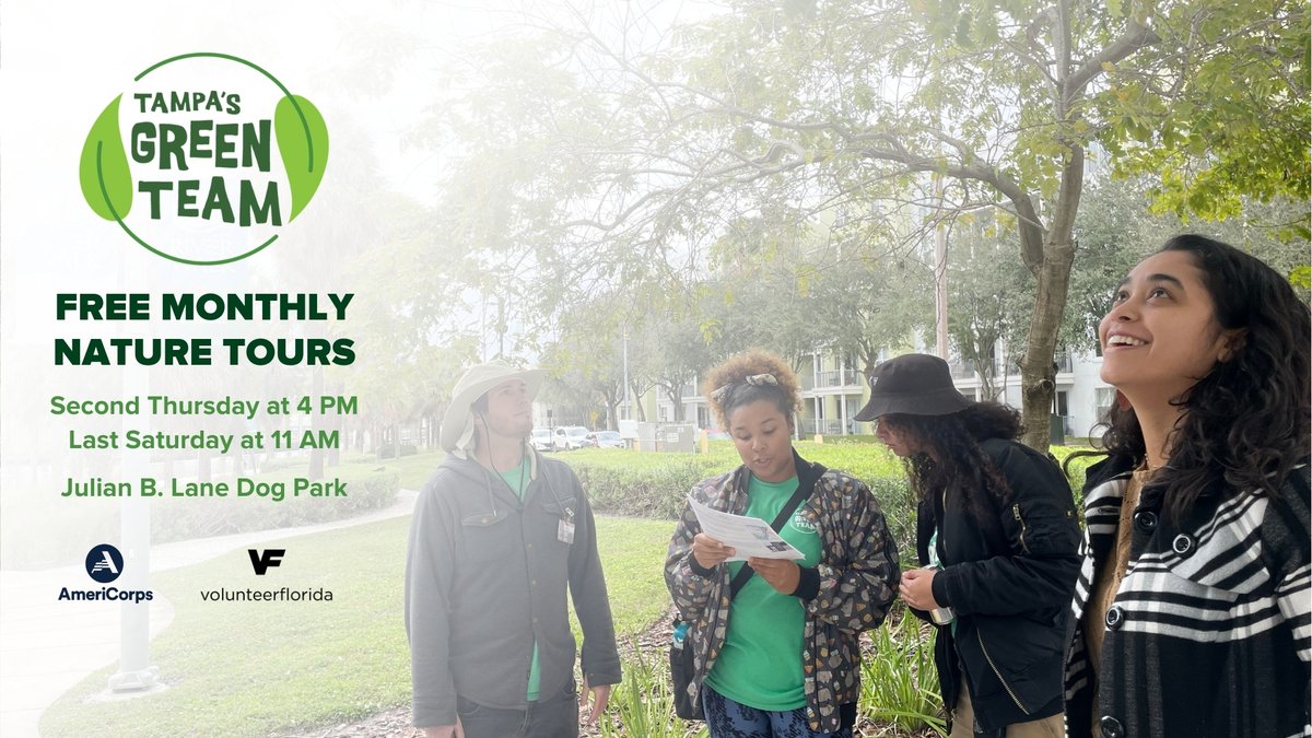 Join us for a free guided Nature Tour offered by the @CityofTampa @AmeriCorps Green Team, taking place the second Thurs and last Sat of every month, departing from the Julian B Lane Riverfront Park dog park entrance. Come discover the beauty of Tampa's natural environment!