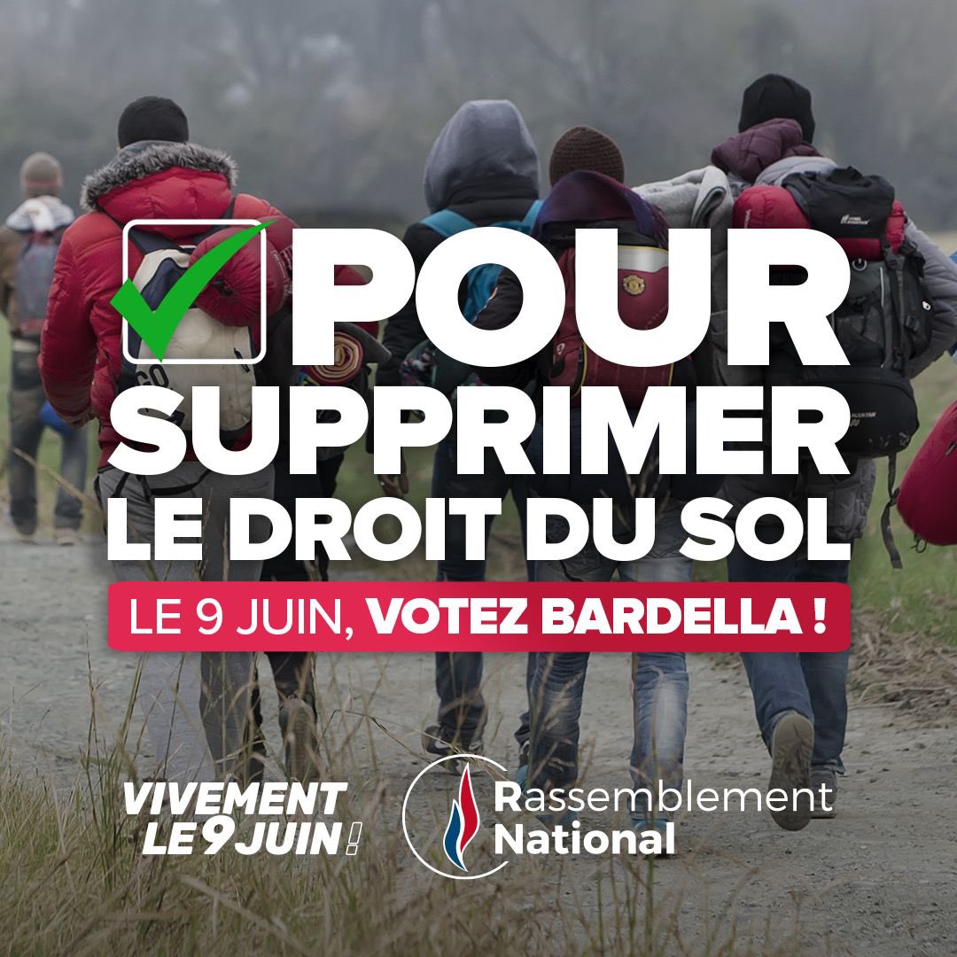 🔴 65 % des Français sont favorables à la suppression du droit du sol sur l'ensemble du territoire national. Face aux arrivées massives encouragées le gouvernement, nous devons agir et respecter la volonté des Français en y mettant fin ! ➡️ vivementle9juin.fr