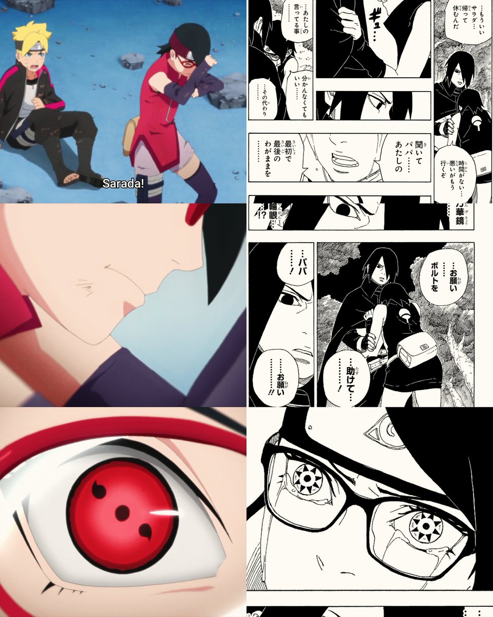 Sarada got her 2nd tomoe after protecting Boruto Sarada awakens her Mangekyo Sharingan because she really want to help Boruto. Hopefully we got special arc or eps about her 3rd tomoe in anime ver if they comeback from hiatus..