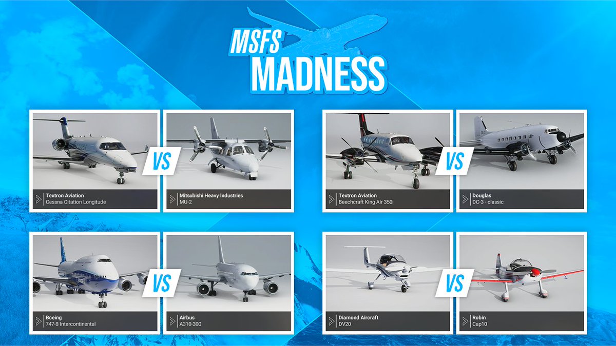 MSFSofficial's tweet photo. Welcome back from the weekend! It's time for another round of voting in #MSFSMadness!
Today's matchups include a battle of wide-body jetliners as the Boeing 747 takes on the Airbus A310. What are your picks? Vote below! https://t.co/IlnegYohO2