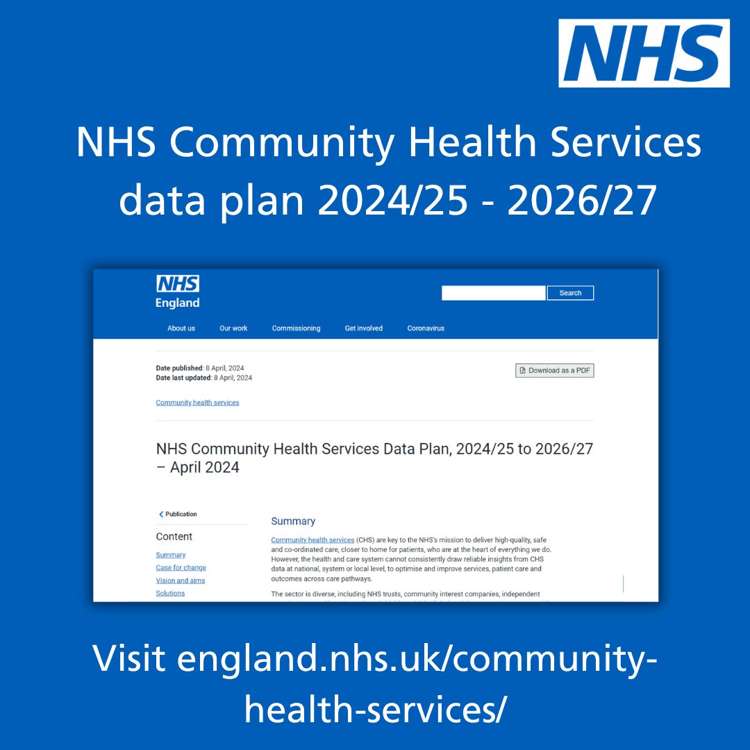 Published today: NHS England’s Community Health Services Data Plan for the next 3 years (2024/25 – 2026/27) This plan sets out how the NHS aims to improve the quality, relevance and timeliness of data to improve patient care and patient experience england.nhs.uk/publication/nh…