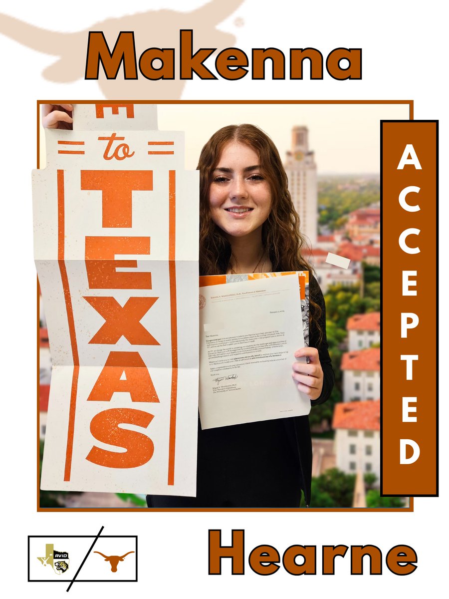 Congratulations to @IrvingHigh student, MaKenna, on her acceptance to @Baylor and @UTAustin. We are #AVID proud! #texastornadodesigns #futurebear #gonetotexas