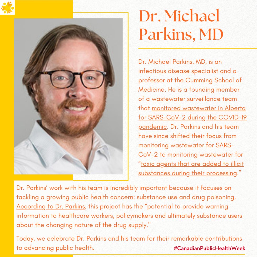 Our first public health hero is Dr. Michael Parkins, MD. Dr. Parkins uses research to tackle substance use and drug poisoning in the city. news.ucalgary.ca/news/canadian-…

Today, we celebrate Dr. Parkins &amp; his team for their remarkable contributions to advancing public health.

#CPHW