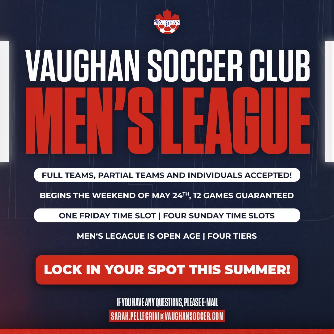 Reminder that our Men's Open Age League is open for registration! 👋 Secure your spot today ⬇️ vaughansoccer.com/2020/02/28/men… IF YOU REQUIRE FURTHER INFORMATION PLEASE E-MAIL US AT: sarah.pellegrini@vaughansoccer.com 📧 #WeAreVSC #MensLeague #OntarioSoccer