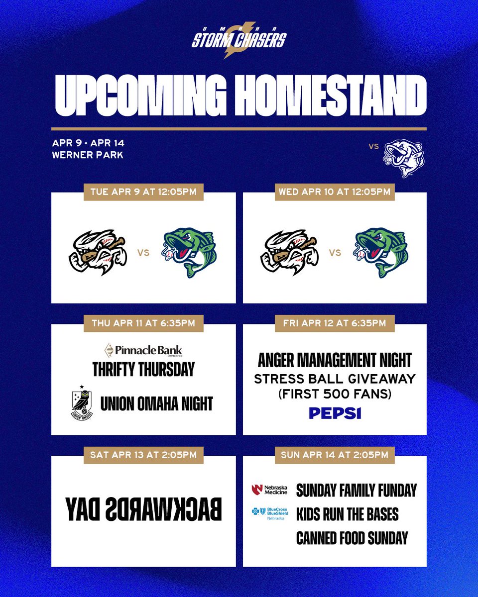 Back home for the week 🏡 Thursday is @Union_Omaha Night and @pinnbank Thrifty Thursday. Friday is Anger Management Night and the first 500 fans will receive a Mike Jirschele stress ball courtesy of @pepsi. Saturday is !yaD sdrawkcaB 🎟️: bit.ly/3ZqQAje